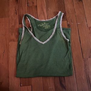 American Eagle Lace Lined Green Striped Long Tank Top